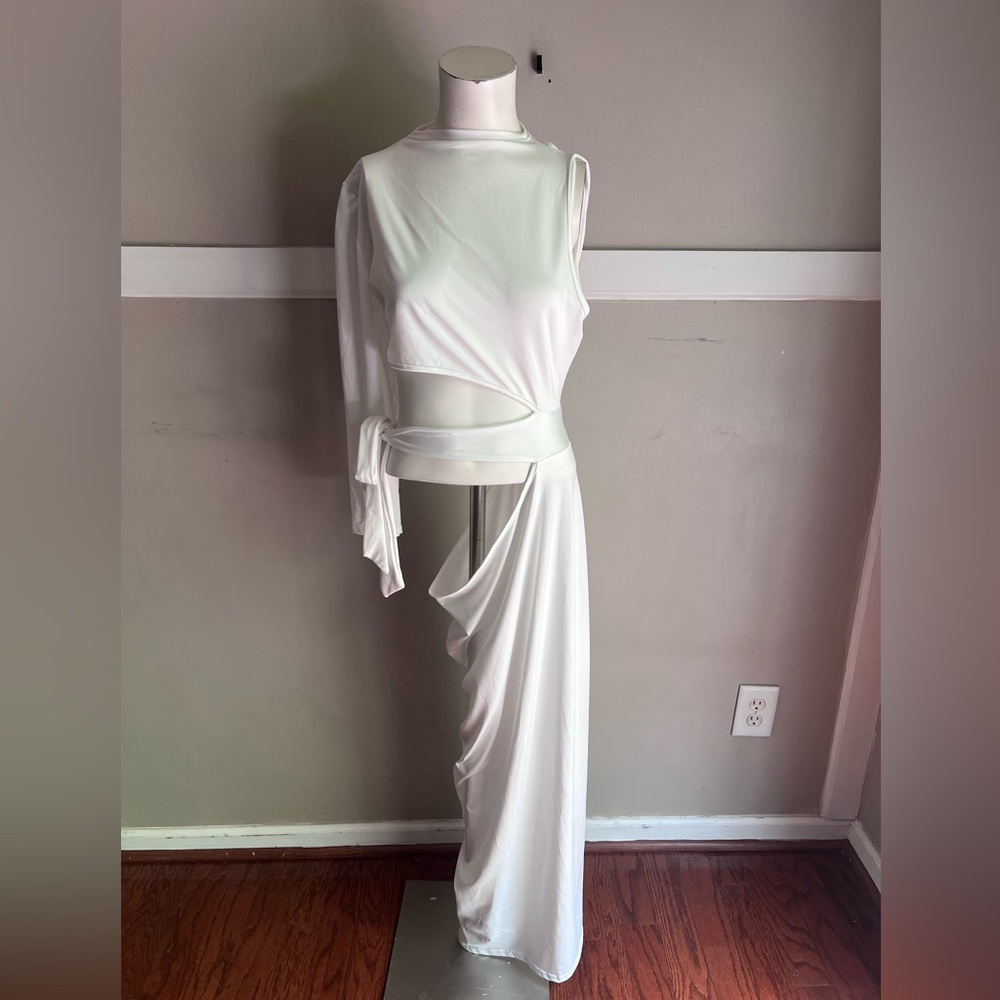 One-Shoulder White Draped Maxi Dress with Waist Tie